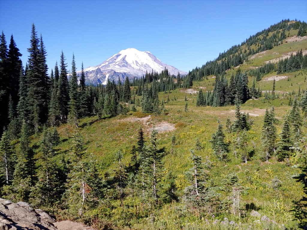 View of Mt Rainier from Naches Peak Loop with Chris